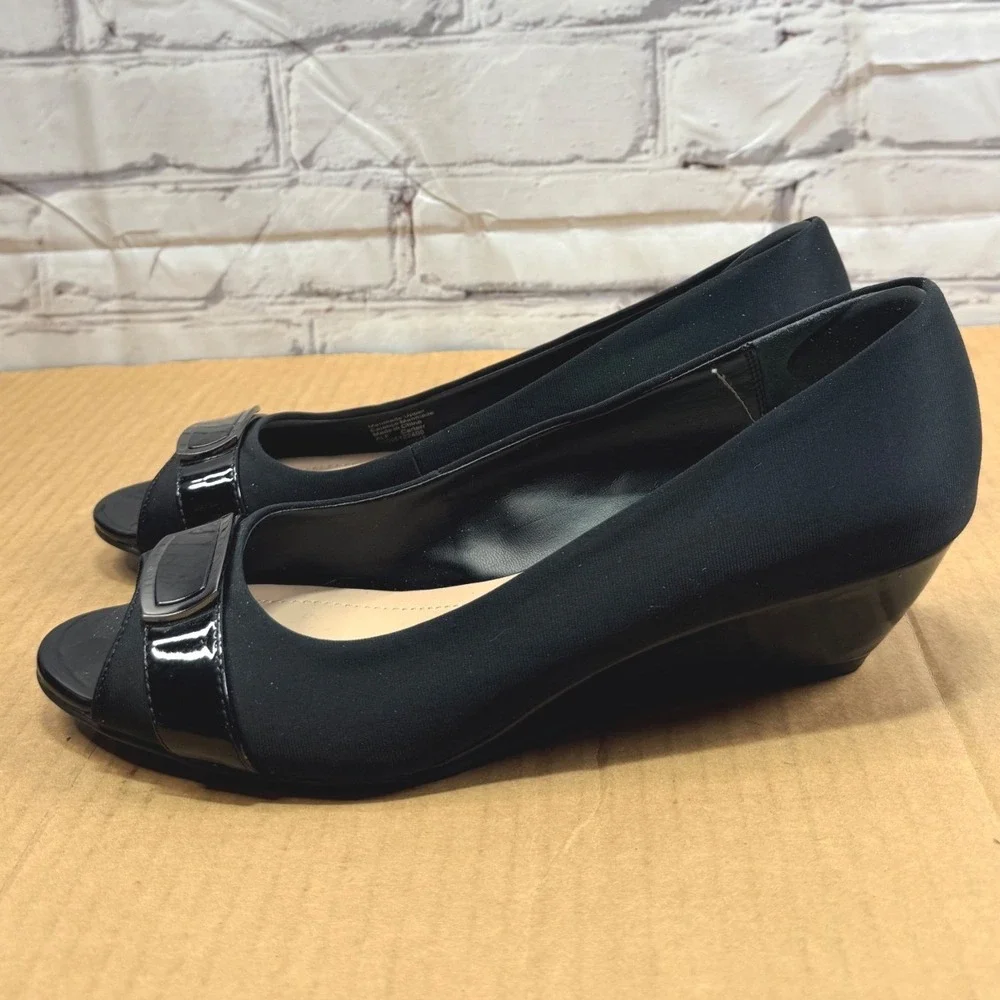 Alfani Step N Flex Wedge Shoes Women 9.5 Black Peep Toe Office Comfort Heels